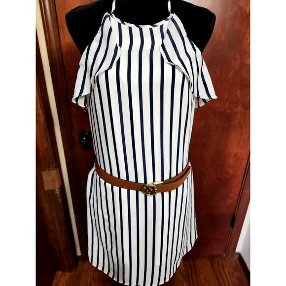 J Crew Striped Halter Ruffle Tank Small Navy White Shift Mini Summer Dress J0861 - Picture 2 of 9